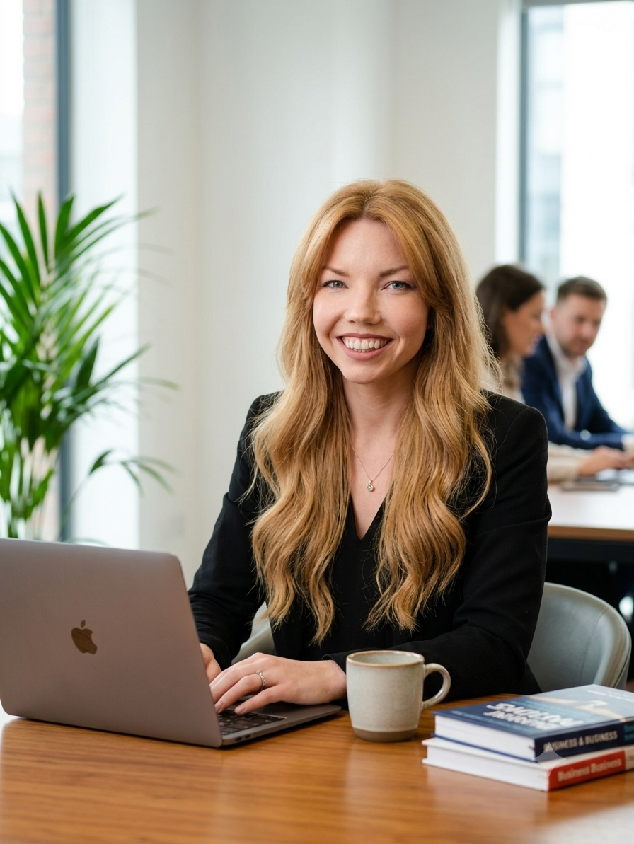 Leanne Cunningham, founder of Talent Media, working at her desk